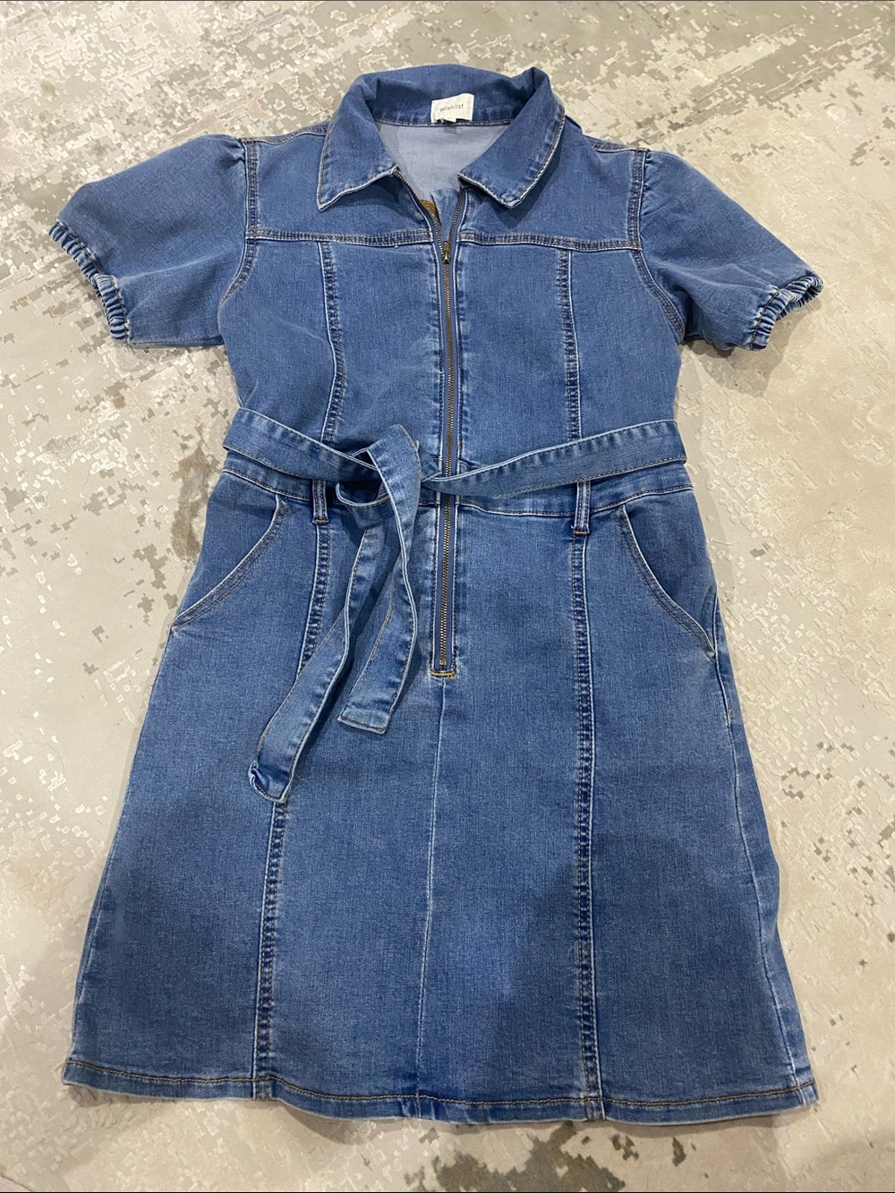 Wishlist Blue Denim Zip-Front Dress with Tie Belt